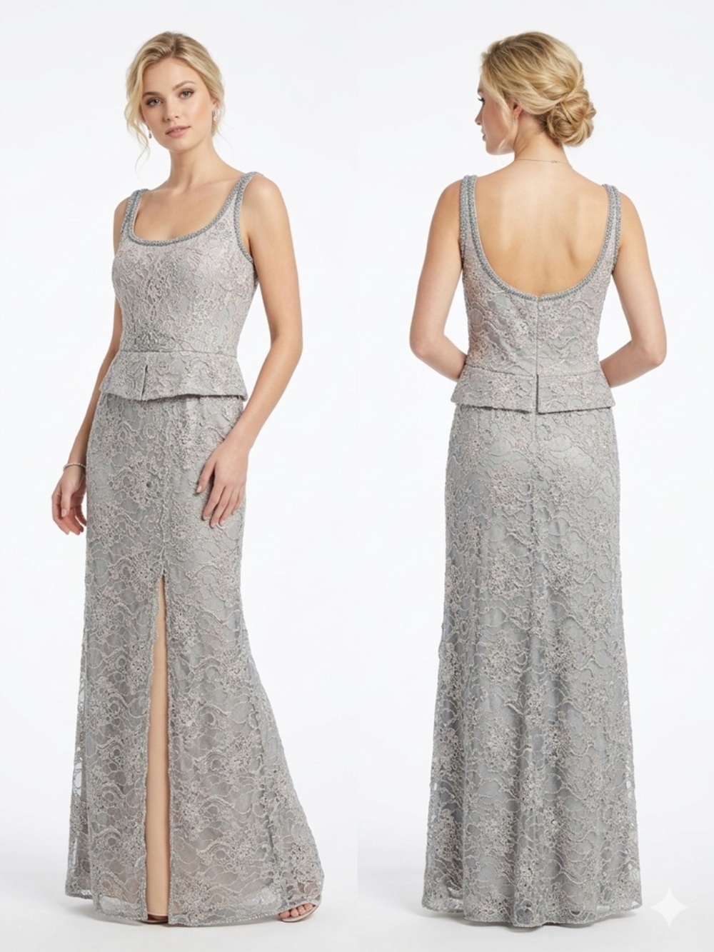 Vintage Bob Mackie Silver Lace Peplum Maxi Dress